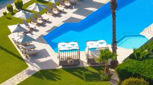 vista sulla piscina con sedie a sdraio. di San Giovanni Beach Resort and Suites a Città di Lefkada