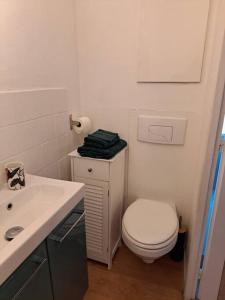 uma casa de banho branca com um WC e um lavatório em Logement atypique à Ornans em Ornans