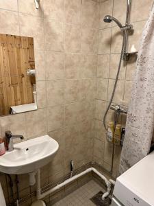 a bathroom with a sink and a shower at Simple room in Trondheim