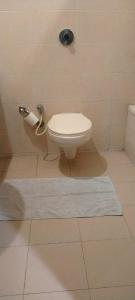 a toilet in a bathroom with a rug and a toilet paper holder at vella marina group of hotels Surya in Amritsar