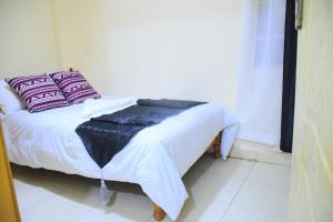 a bed with purple pillows on it in a room at Cutie homestays-1 bedroom in Nairobi
