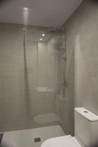 a bathroom with a glass shower with a toilet at Casa Rural Ana Maria Ain in Ahín