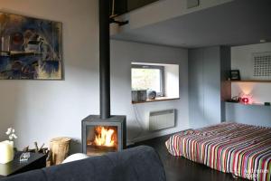 a living room with a fireplace and a bed at Les Braises de la Semois in Florenville