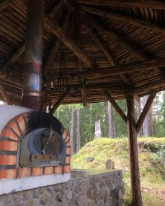 um forno de pizza a lenha numa cabana na floresta em Kylås Vildmark em Skillingaryd