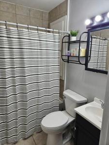 ein Bad mit einem WC und einem Duschvorhang in der Unterkunft Cozy 2 bedroom West Fargo home with 2 car garage in West Fargo
