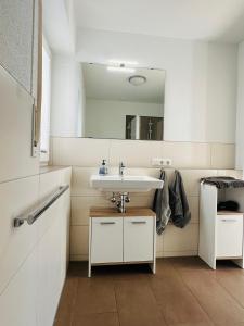 La salle de bains est pourvue d'un lavabo et d'un miroir. dans l'établissement Schmid's Ponyhöfle, à Friedrichshafen