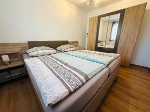 een slaapkamer met een groot bed en een spiegel bij Schmid's Ponyhöfle in Friedrichshafen