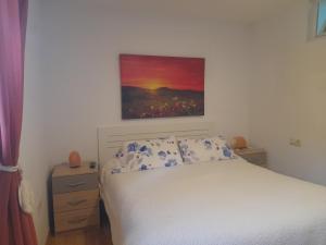 ピノス・ヘニルにあるApartamento Erillasのベッドルーム1室(ベッド1台付)が備わります。壁には絵画が飾られています。