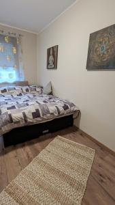 a bedroom with a bed and a rug on the floor at Ferienhaus Hilde in Steinwiesen