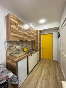 uma cozinha com uma porta amarela num quarto em Bakuriani Mix 213 em Bakuriani