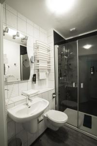 ein Bad mit einem Waschbecken, einem WC und einer Dusche in der Unterkunft Trip Inn Parkhotel Bad Ems in Bad Ems