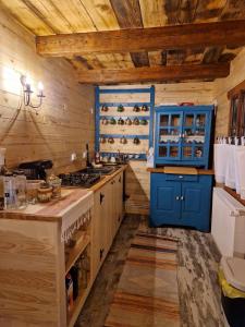 een keuken met een fornuis en een blauwe kast bij Casa Veche in Neagra Şarului