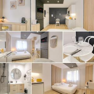 eine Collage mit vier Bildern eines Zimmers in der Unterkunft Blackwood-parking privé gratuit in Villeurbanne