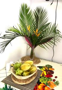 a basket of fruit on a table with a plant at Diamondview Cherry Studio in Soufrière