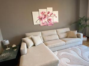 a living room with a couch and two paintings at Sofia apartment near Bellagio in Lezzeno