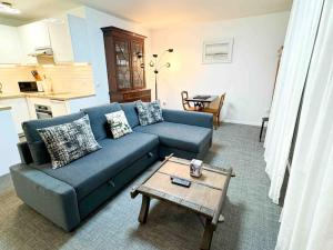 a living room with a blue couch and a coffee table at Appart sérénité au Pont de Joinville, Paris in Joinville-le-Pont