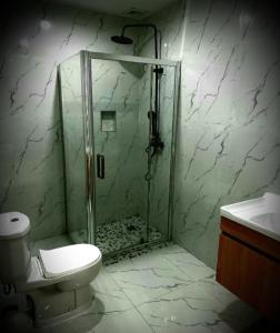 een badkamer met een douche, een toilet en een wastafel bij Guesthouse MALAGUETA INN II in Maputo