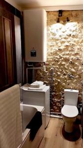baño con aseo y pared de piedra en The creative studio town centre JO 2024 PARIS en Chevreuse