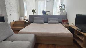 um quarto com uma cama, um sofá e uma televisão em Studio Apartment/City Center em Durrës