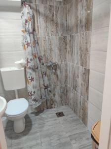 ein Bad mit einem WC und einer Dusche in der Unterkunft Apartmani Hub in Niš