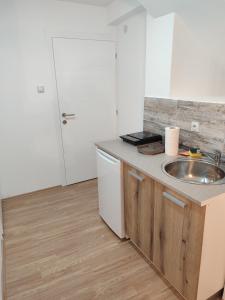 eine Küche mit einer Spüle und einer Arbeitsplatte in der Unterkunft Apartmani Hub in Niš