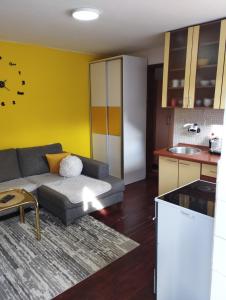 ein Wohnzimmer mit einem Sofa und einer Küche in der Unterkunft Sunshine apartment near the zoo, free parking in Sarajevo