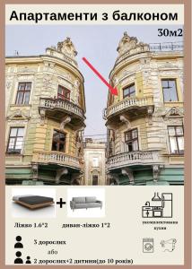 a picture of a building with a red arrow on it at Apart hotel на Франка in Chernivtsi