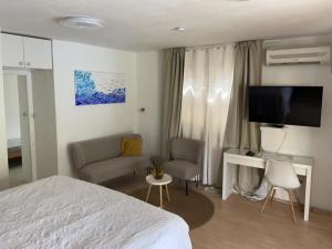 een slaapkamer met een bed en een flatscreen-tv bij Apartment by the sea Žirje with private heated hydromassage pool in Žirje