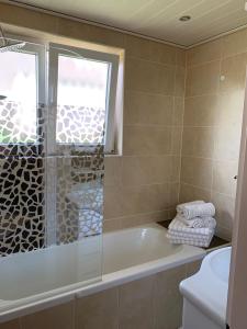 a bathroom with a tub and a window at Feriendomizile Menholz in Balingen