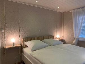 a bedroom with a bed with two pillows and two lamps at Feriendomizile Menholz in Balingen