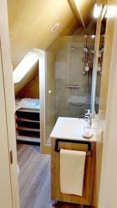 a bathroom with a sink and a bed in a room at The Cozy Downtown Duplex in Chevreuse