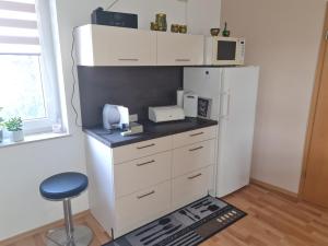W kuchni znajduje się biała lodówka i kuchenka mikrofalowa. w obiekcie modernisierte Wohnung, zentral gelegen in historischer Altstadt w mieście Mücheln +5 zdjęć