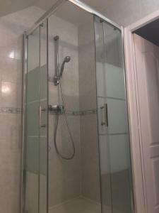 una doccia con una porta in vetro in un bagno di Appartement calme bien équipé a Lèves