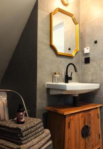 a bathroom with a sink and a mirror on the wall at Ponad Górami in Gliczarów Górny