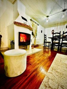 - un salon avec une cheminée et une table dans l'établissement Wood House Valiug, à Văliug