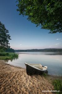 a boat sitting on the shore of a lake at Pensjonat nad jeziorem Lakeside in Brodnica Dolna