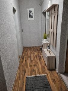 ein Badezimmer mit Holzboden und Waschbecken in der Unterkunft Ferienwohnung Plötzky in Plötzky