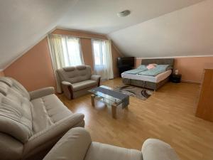 a living room with a couch and a bed at NikoLux Apartman in Hajdúszoboszló +63 photos