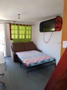 1 dormitorio con 1 cama y TV en la pared en Mis tres soles en Miramar
