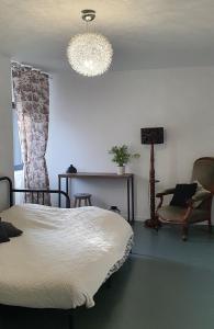 een slaapkamer met een bed, een stoel en een kroonluchter bij Aux portes de Bordeaux in Lormont