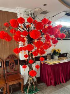 a bunch of red flowers hanging from a ceiling at Asia Hotel Can Tho in Can Tho