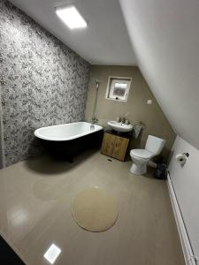 La salle de bains est pourvue d'une baignoire, de toilettes et d'un lavabo. dans l'établissement Wood House Valiug, à Văliug