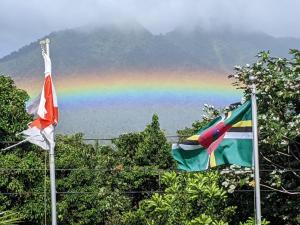 dos banderas con un arco iris en el fondo en Trois Piton Apartments, en Pont Cassé