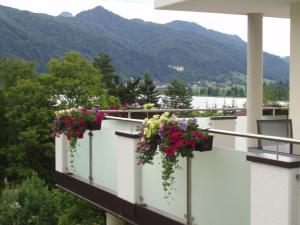 a balcony with flowers and a view of the mountains at Appartement Wohlfartstätter in Walchsee