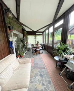 a living room with a white couch and some plants at Casa Ticino Predeal in Predeal