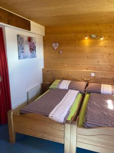 two beds in a room with wooden walls at Alphütte Bielerhüs in Fiesch