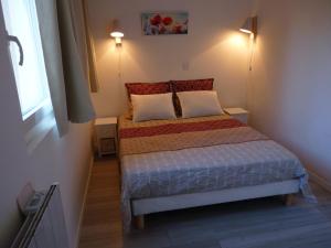 een kleine slaapkamer met een bed met 2 kussens bij La Saluade, pour curistes ou vacanciers in Gréoux-les-Bains