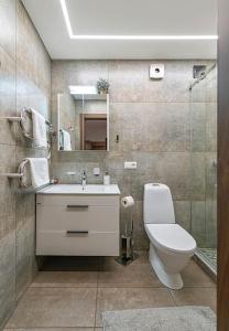 ein Badezimmer mit einem WC, einem Waschbecken und einem Spiegel in der Unterkunft Riverfront 1BD Old Town Apartment by Hostlovers in Kaunas
