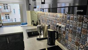 - un comptoir de cuisine avec une cafetière sur un évier dans l'établissement Apartment Silver 313, à Karlovy Vary 8 autres photos