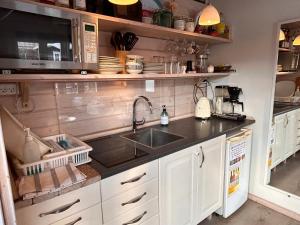 a kitchen with a sink and a microwave at Piccobello Bed & Breakfast Valløby Køge in Valløby